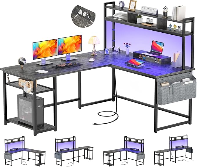 Aheaplus L Shaped Gaming Desk 59 Reversible Gaming Desk with Power Outlet &amp Led Lights L Shaped Computer Desk with Storage Shelves &amp Monitor Stand Home Office Desk L Shaped Corner Desk Bl