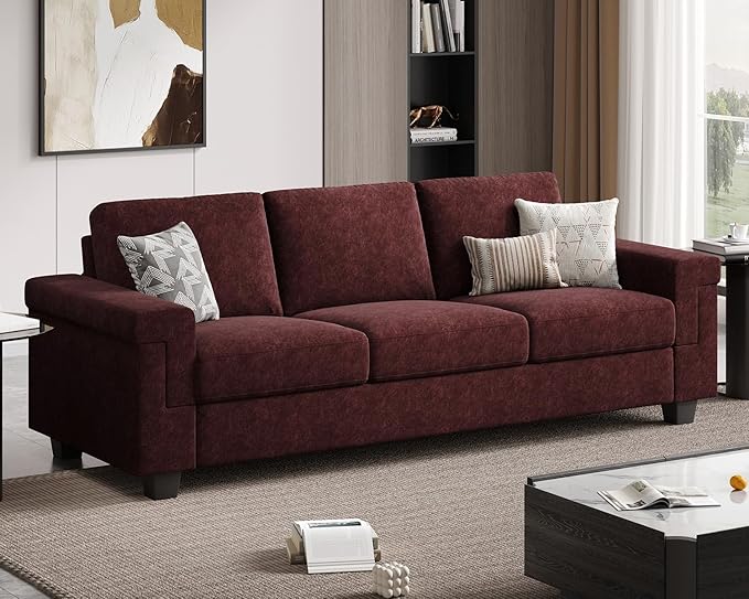 3 Seater Sofa Couch with Deep Seat 90 Modern Upholstered Sofa with Armrests Easy Installation Comfy Couches for Living Room Apartment Burgundy