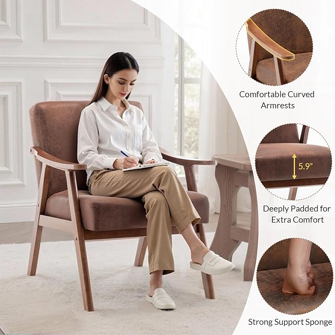 Rovibek Upholstered Accent Chair with Arms - Mid Century Modern Accent Chairs with Wood Frame Upholstered Arm Chairs with 5.9in Thick Foam Brown Occasional Chair