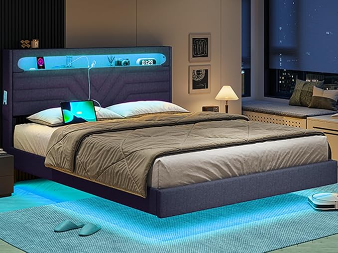 BTHFST Queen Floating Bed Frame with RGB LED Lights Headboard USB-C/A Power Combo Linen Upholstered Platform Bed with Storage Headboard Innovative Stable Structure Dark Gray