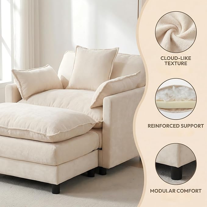 39.4 Oversized Modern Accent Chair with Ottoman Chenille Upholstered Club Chair for Living Room &amp Bedroom Reading Chair 350 lbs Weight Capacity (Beige 1 Seat)