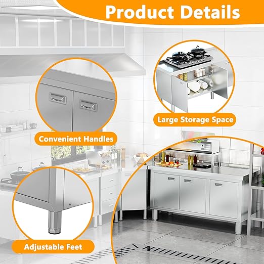 WWK 47 x 21 Stainless Steel Prep Table with Cabinet Commercial Kitchen Table for Prep &amp Work Heavy Duty Work Table with 3 Doors for Kitchen Restaurant Hotel Garage and Cafe