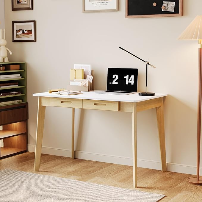 39.4 Inch Computer Desk with 2 Drawers Modern Home Office Desk Study Writing Gaming Work Table with Large Legroom White &amp Light Brown