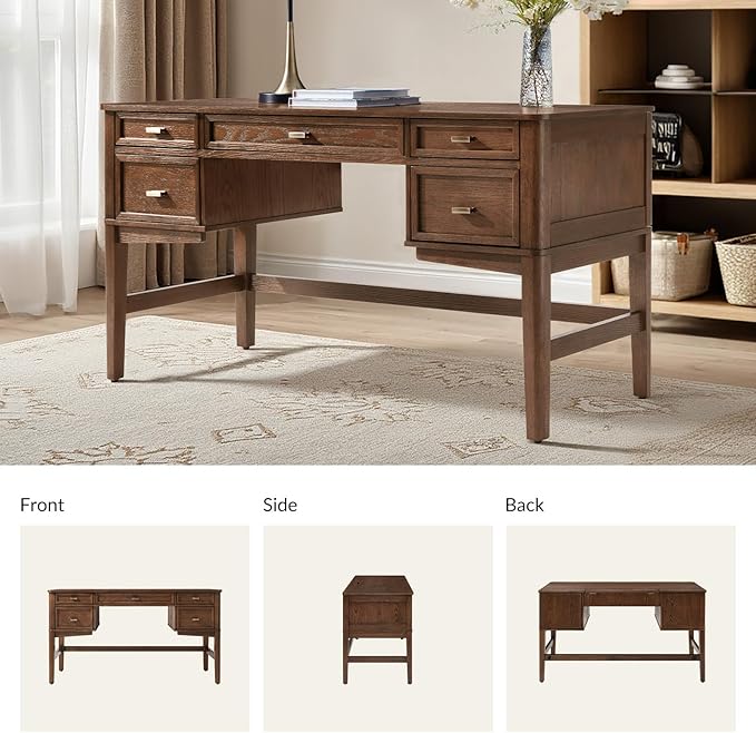 HULALA HOME 56 Home Office Desk with 5 Drawers and Hidden Compartment Drawer Mid-Century Modern Computer Desk with Solid Wood Legs Executive Desk for Work Study Writing Walunt