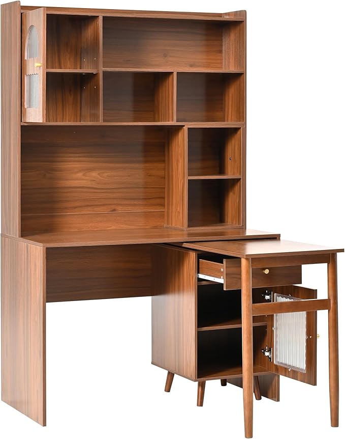 L Shaped Home Office Desks with 90° Rotating Retractable Desktop Glass Door Hutch Drawers Bookshelf &amp Storage Shelves 43 Modern Gaming Computer Corner Table for Work Study Writing Walnut
