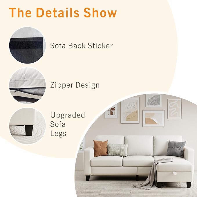 Sectional Sofa and Couches for Living Room - 78'' Beige 3 Seat L-Shaped Couch with Storage Ottoman Modern Linen Convertible Sectionals Sofas for Apartment Office Small Space
