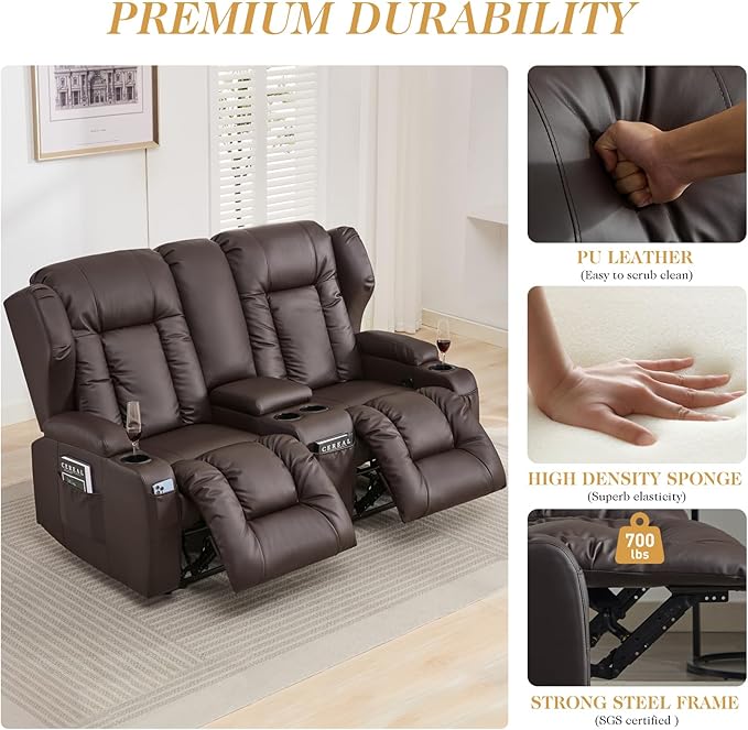 Loveseat Recliner SofaRV Wall Hugger Recliners for Small SpacesReclining Loveseat Sofa Recliner with Cup Holders/Lumbar PillowsRV Furniture (Brown Loveseat with Console)