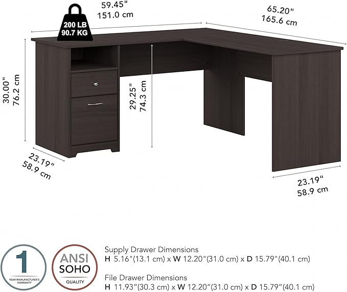 Bush Furniture Cabot 60W L Shaped Computer Desk with Drawers Heather Gray