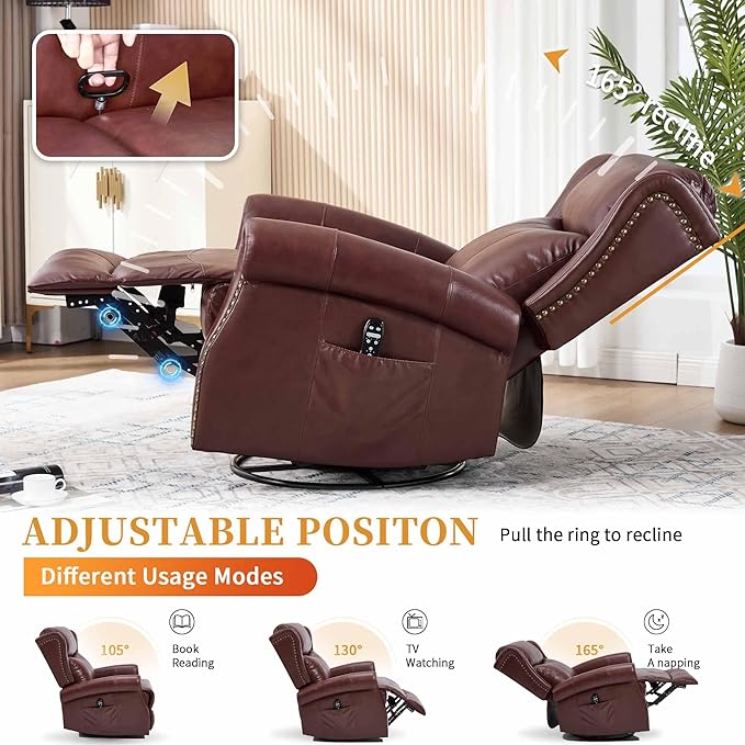 360° Swivel Glider Chair for Nursery Wingback Genuine Leather Rocking Recliner with Lumbar Heat &amp Massage 8-Point Vibration Massage for Living Room Bedroom