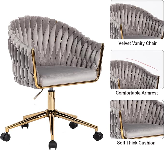 Velvet Office Chair with Hand Woven Back Vanity Desk Chairs with Golden Wheels Swivel Home Office Desk Chair Accent Makeup Desk Chair for Bedroom Living Room(Grey)