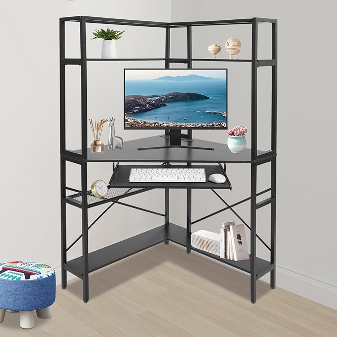 DNYSYSJ Corner Desk with Power Outlets &amp LED Light Strip L-Shaped Computer Desk with USB Ports Spacious Storage Modern Design for Home Office Gaming Study and Small Spaces