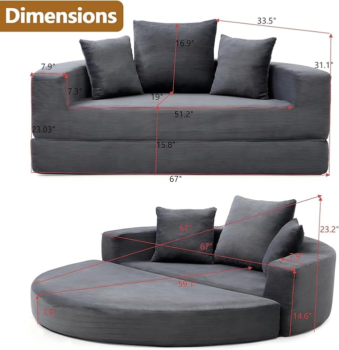67'' Circular Convertible Compressed Sofa Bed Grey Corduroy Floor Lounge Round Boneless Couch Loveseat Sleeper Sofa Couch with 3 Cushions No Assembly for Apartment Bedroom