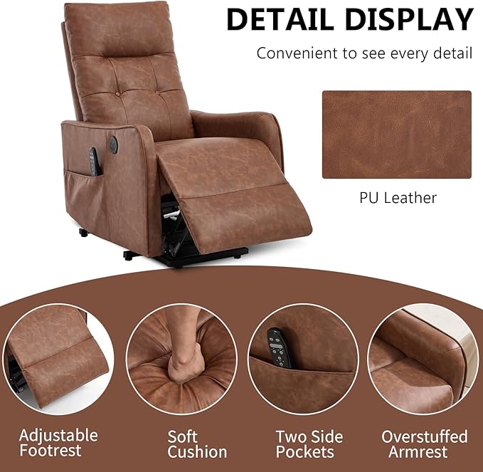 Small Power Lift Chair Recliner for Elderly Petite Power Recliner Chair with Massage and Heat | USB | High Back | Push Button | Side Pockets Liviing Room Easy Assembly (PU Leather Light Brown)