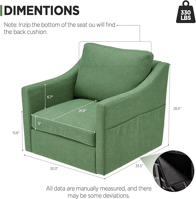 HOMREST Swivel Accent Chair Sets of 2 360° Rotation Linen Fabric Armchair Modern Barrel Chairs with Lumbar Pillow for Reception Living Room Bedroom Home and OfficeGreen