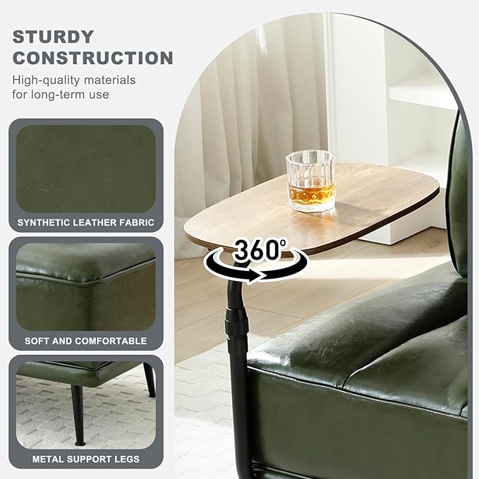 55 Faux Leather Upholstered Sofa Entryway Ottoman Modern End of Bed Bench with Side Table 360-degree Swivel Tray Couch Window Bench with Metal Legs for Bedroom Living Room (Green)