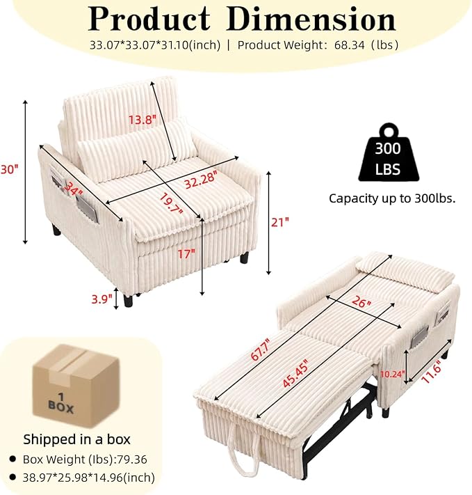 32 Wide Convertible Sleeper Chair3-in-1Pull Out Single Sofa Bed with Adjustable Backrest &amp Side Storage Pocket | Space-Saving Couch for Small Spaces Living Room &amp Bedroom (Beige)