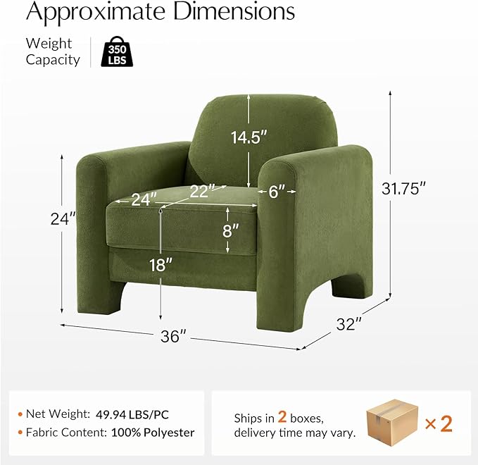 HULALA HOME Modern Curved Accent Club Chairs Set of 2 Chenille Armchair Upholstered Sofa Chairs with Wrapped Armrests Comfy Reading Armchair for Living Room Easy Assembly Olive