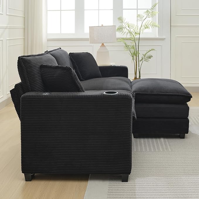 KIVENJAJA Corduroy Cloud Sectional Couch Modular Oversized Loveseat Sofa with Ottoman Cup Holders &amp USB Port Comfy 2 Seater Love Seat for Living Room Small Space 82.7”W Black