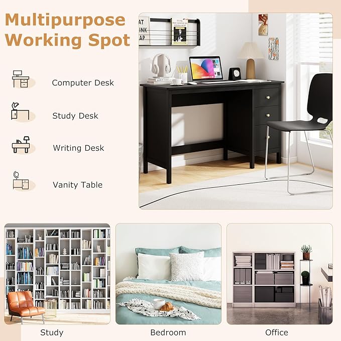 NAFORT 2-Drawer Computer Desk Modern Home Office Desk with Storage &amp Spacious Desktop Compact Writing Study Desk for Bedroom Small Spaces Multipurpose Workstation Black