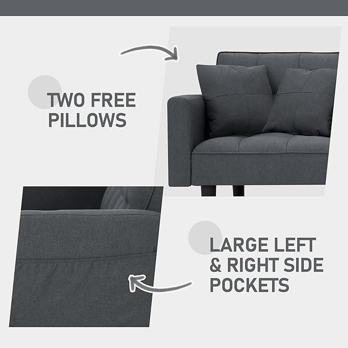 AVAWING Futon Sofa Bed Modern Linen Fabric Convertible Upholstered Couch with Adjustable Back Arms and High Strength Nylon Legs for Living Room Apartment Office (Grey)