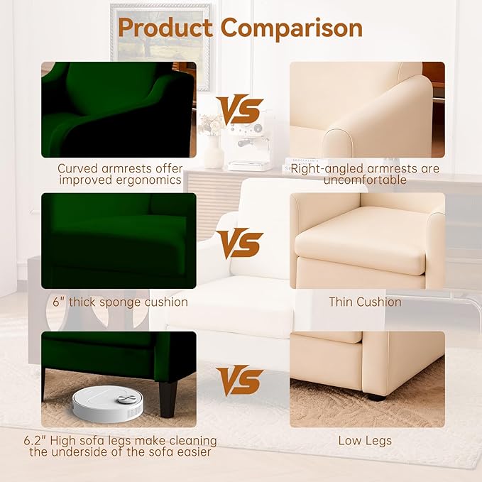 Accent Chair for Living Room Modern Velvet Living Room Chairs with Wide Backrest Upholstered Comfy Chair with Cushion Oversized Sofa Chair with Wood Legs Single Armchair Green
