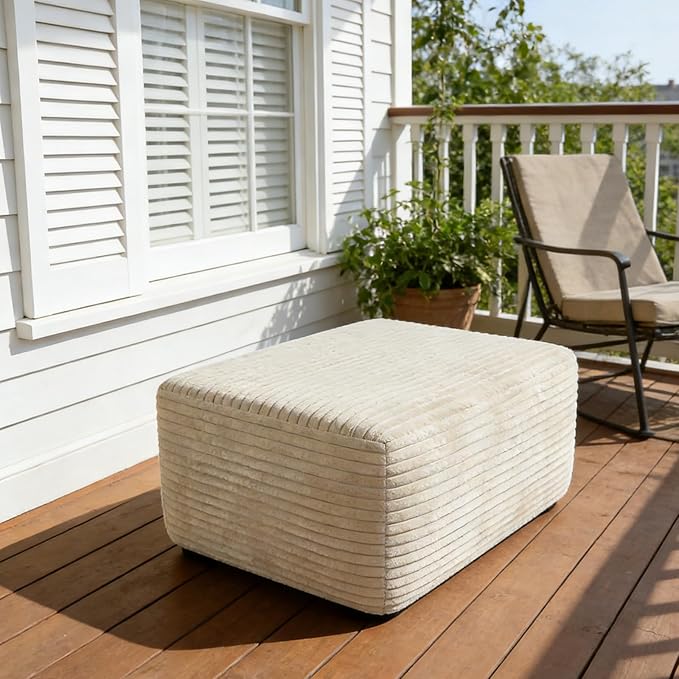 Large Ottoman Foot Rest 37 Beige Sofa Couch Ottomon with Soft Long-Pile Fabric High Resilience Foam &amp Spring Support Ottoman for Living Room Extra Seating