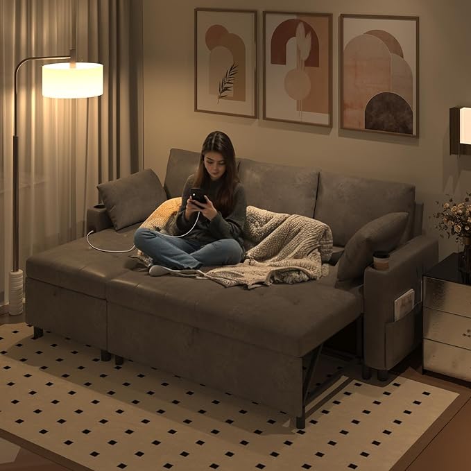 Leather Sleeper Sofa Bed Couch Pull Out Couch with Reversible Storage Chaise Sectional Couches with USB Charging Ports&ampCup Holders for Living Room Grey | USB Storage