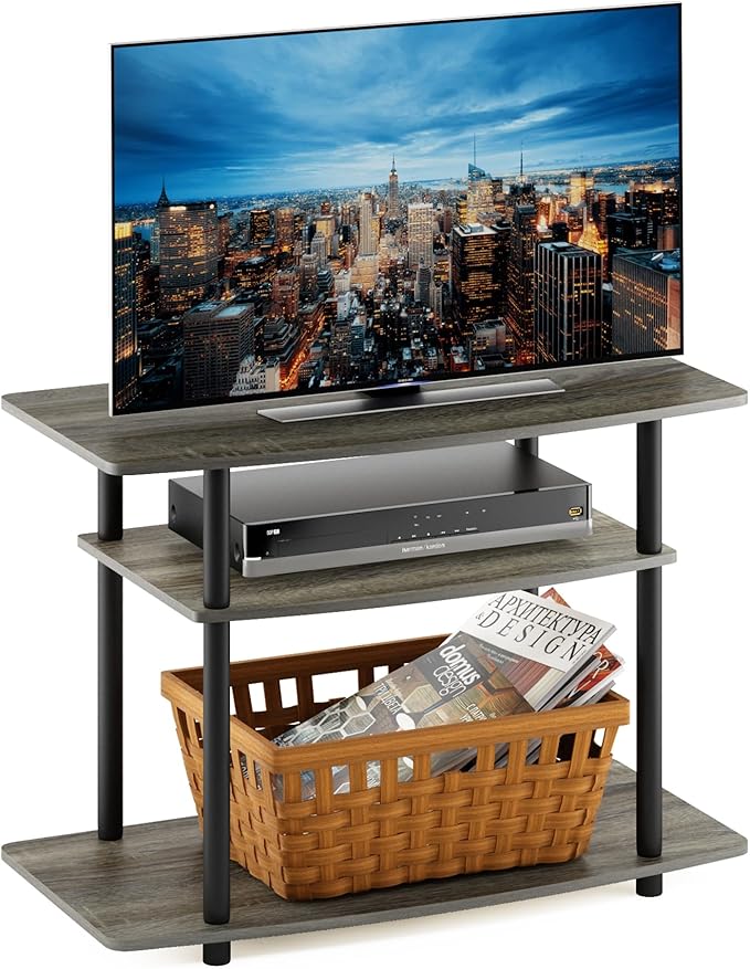 Furinno Turn-N-Tube No Tools 3-Tier Entertainment Center TV Stand for TV up to 32 Inch Plastic Round Tubes French Oak Grey/Black