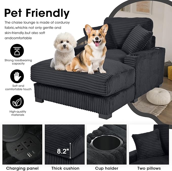 41 Chaise Lounge Indoor Comfy Reading Chair with 2 PillowsUSB Charger Cup Holder Adjustable Backrest Corduroy Sofa Bed Lazy Chair Sleeper Couch Small Couch for Apartment Black