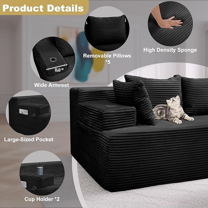 Boneless Couch Cloud Modular Sectional Sofa Modern Convertible L Shaped 3 Seat Corduroy Deep Seat Boneless Couches with 5 Pillows for Living Room Apartment (Black Right Facing Chaise+Ottoman)
