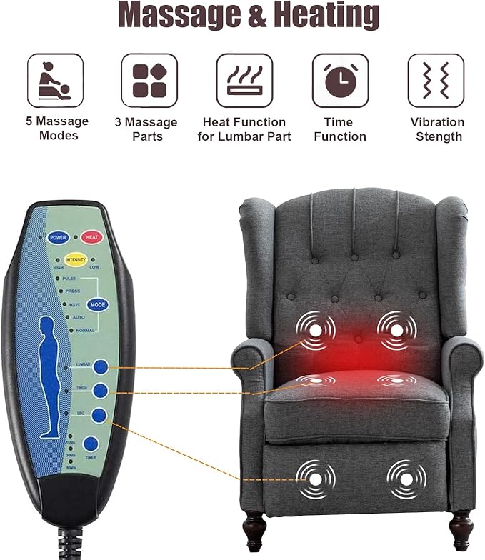 Push Back Recliner Mid-Century Modern Accent Chair Reading Chairs Set of 2 Tufted Fabric Arm Chair for Living Room w/Heat Massage/Side Pockets (2 PC Gray)