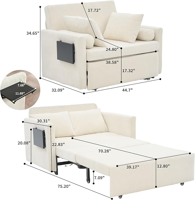 45 Oversize 3-in-1 Sleeper Chair 75 Long Pull-Out Sleeper Sofa Bed with Wing Table and Side Pocket for Living Room Bedroom Small Space Beige