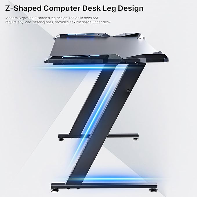 EUREKA ERGONOMIC Gaming Desk with LED Lights Home Office RGB Table Small Gaming Desk Computer Table Black