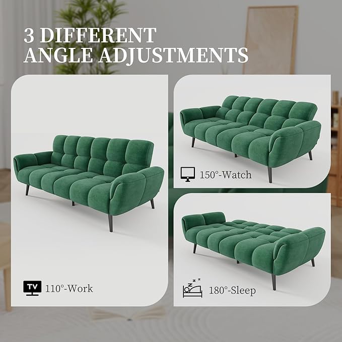 Convertible Futon Sofa Bed 76.77 Modern Linen Futon Couch Comfy Sleeper Sofa with Adjustable Backrests Couch Bed for Small Spaces Living Room Bedroom Apartment Green