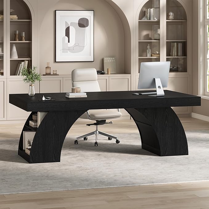 70.9 Inch Executive Desk Large Office Desk with Power Outlet &amp Storage Shelves Modern Aesthetic Computer Desks Wood Writing Table Workstation Business Furniture for Home Office (Black)