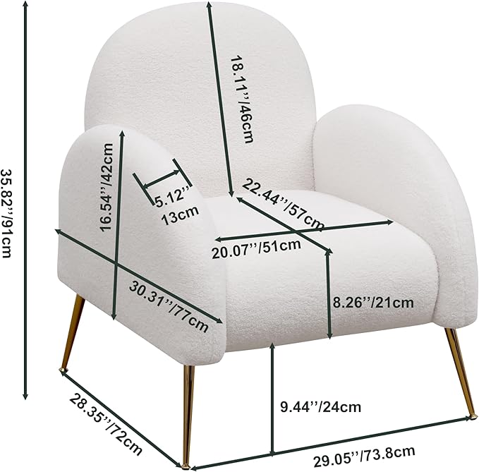 Accent Upholstered Single Chair White Sherpa Armchair with Golden Legs for Living Room Bedroom Office