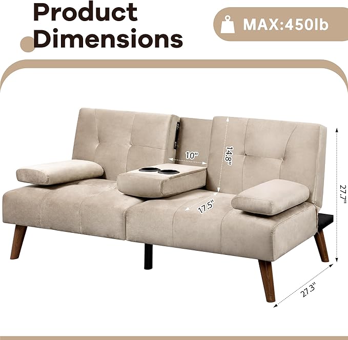 Walsunny Futon Sofa Bed Convertible Sofa Couch Bed Velvet Futon Couch with Cup Holder Sleeper Sofa with Adjustable Backrest for Living Room Small Space