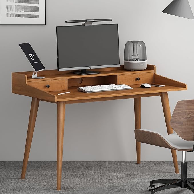 Mid Century Modern Desk 51 Wood Home Office Writing Computer or Laptop Desk with Monitor Stand Riser and Open Storage Cubby Vanity Desk with 2 Drawers (51.2×25.6)