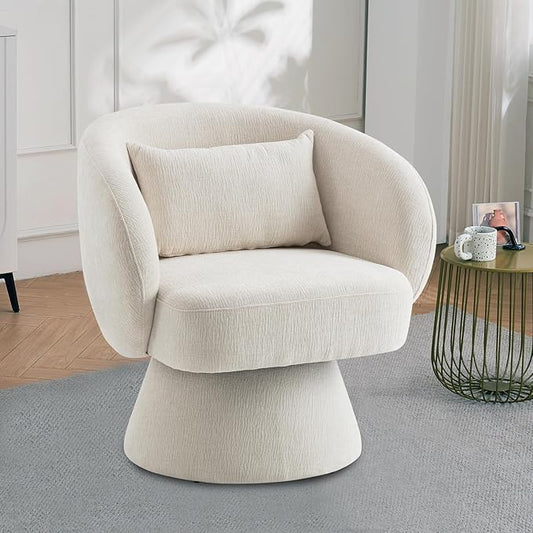 360° Swivel Accent Chair Modern Velvet Barrel Chair with Pillow Upholstered Single Sofa for Living Room Bedroom Office Ivory