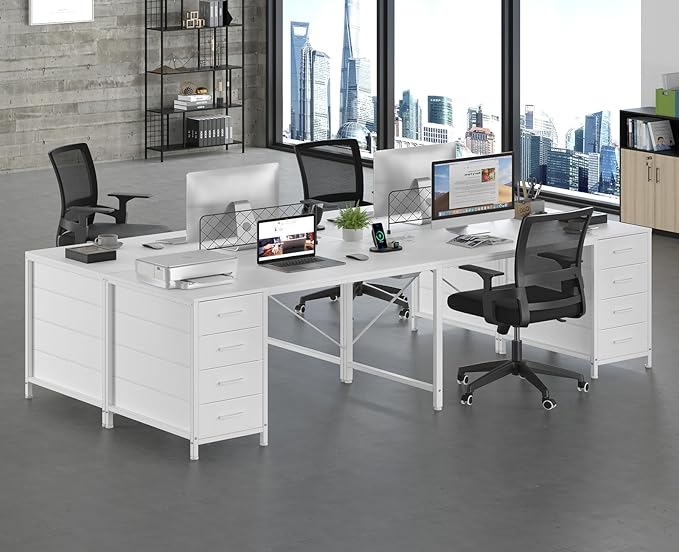 TVU 95 2 Person Desk with 8 Drawers Double Desk for Two People Home Office Desks with Outlets Long Desks Workstation Drawer Organizers with 8 Fabric Drawers White