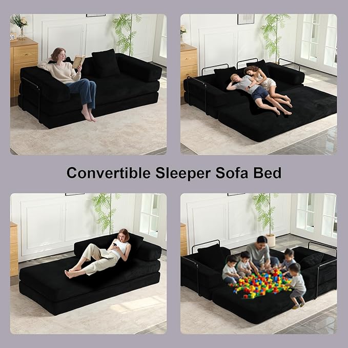 Convertible Sleeper Sofa Bed Compression Folding Sofa with Pillow No Assembly Required Shape Frame Floor Sofas Lounge Couch for Living Room Bedroom Small Spaces(Corduroy 77''W Black)
