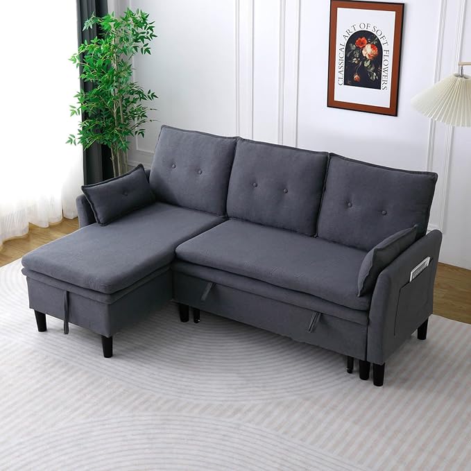 78 L-Shaped Sleeper Sofa Bed Couch 3-Seater Reversible Pull Out Couch Bed with Storage Chaise Lounge Cotton-Linen Pullout Sofabed Sectional Couches for Living Room Apartment Dark Grey