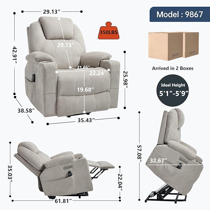 Chenille Electric Power Lift Recliner Chair Massage Single Sofa with Vibration Massage and Lumbar Heating Ergonomic Lounge Couch with Cup Holders and USB Charge Port for Living Room (Beige)