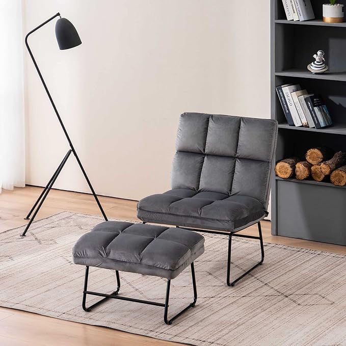 MCombo Velvet Accent Chair with Ottoman Set Modern Armless Chair for Living Room Bedroom Small Spaces Fabric 0014 (Dark Grey)