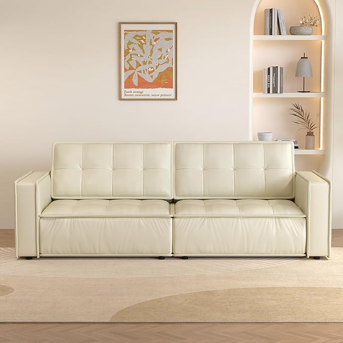Beige Leather Sofa Couch 95 Modern 3-Seater Living Room Furniture with Easy-to-Clean Upholstery High Resilience Cushions Solid Wood Frame Comfortable Couch for Apartment &amp Home