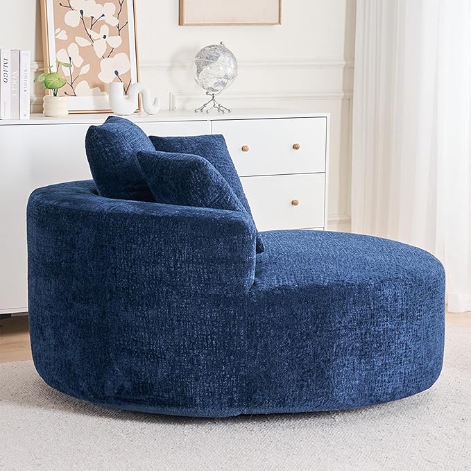 54.5 Blue Oversized Swivel Barrel Chair - Chenille Comfy Modern Sofa Chair Fluffy Upholstered Round Accent Chair Cloud Lounge Armchair with 3 Pillows for Living Room Apartment