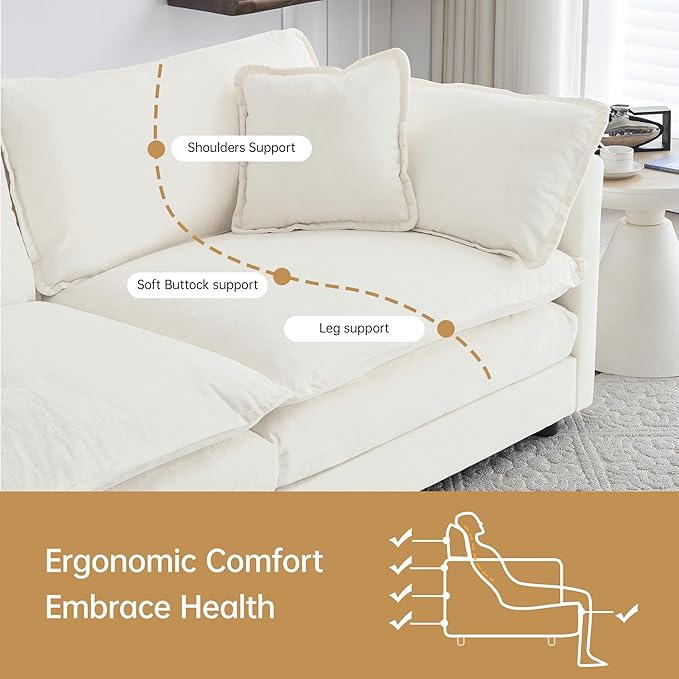 Modular Sectional Sofa 111.5 Inch I-Shaped Cloud Sofa with Deep Seat Chenille Sofa with Cushions Three-Self Sectional Sofa for Living Room ApartmentWhite