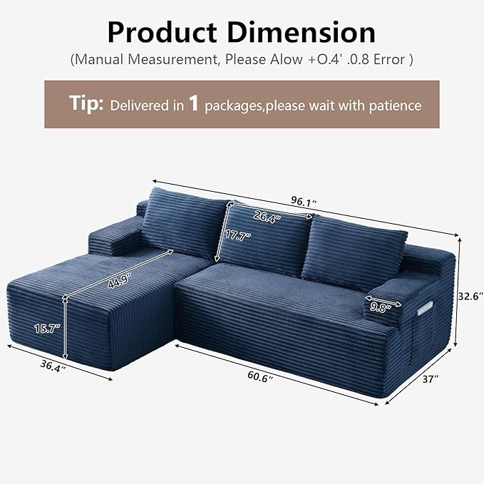 96 Cloud Sectional Couch with L-Shape Chaise Modular Comfy Sofa Chaise Longue Upholstered Corduroy Couches Sleeper with Deep Seat for Living Room Bedroom No Assembly Required(Blue Left Facing)