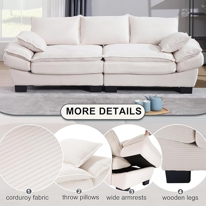 90 Oversized Loveseat Sofa Modern Corduroy Loveseat Couch Comfy Deep Seat Upholstered Sectional Sofa with Pillows for Living Room Bedroom Apartment (Beige)