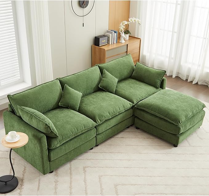 kevinplus 101'' Modular Sectional Sofa Couch L-Shaped with Convertible Ottoman for Living Room Modern Contemporary 3-Seat Fabric Sofa Couch Thick Cushion Green